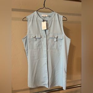 Calvin Klein NWT blue button up sleeveless blouse